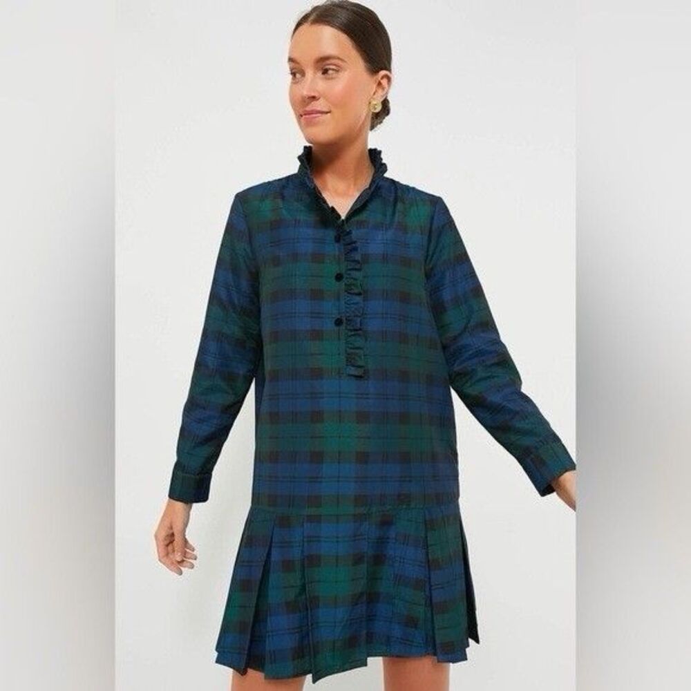 Tuckernuck Blackwatch Plaid Tate Mini Dress Womens Sz XL Ruffle High Neck NWT